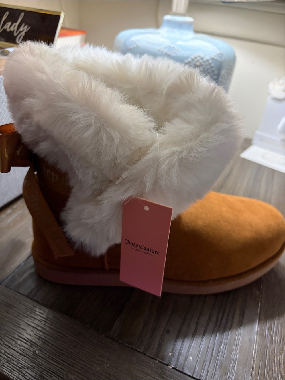 Juicy Couture Chestnut Suede Boot with Cream Faux Fur Cuff - Picture 2 of 5